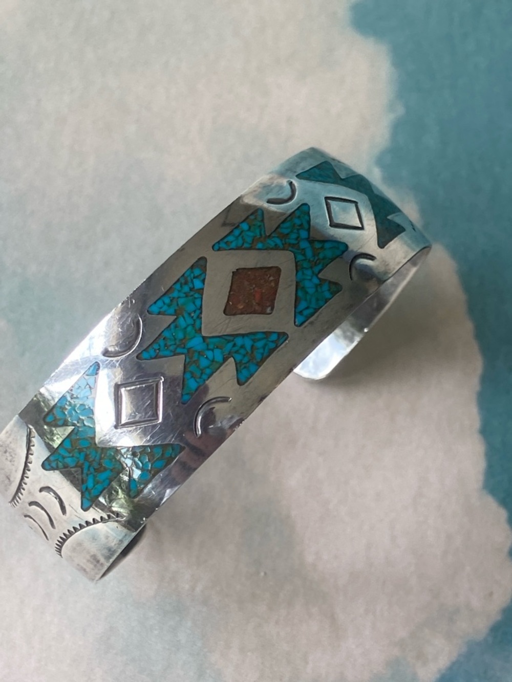 Turquoise and Corral Inlay Sterling Silver Cuff Bracelet, Native American - Picture 7 of 12